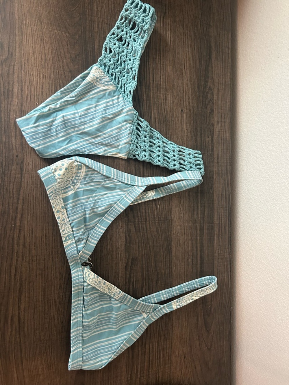 San Lorenzo Light Blue Striped Crochet-Trim Bikini